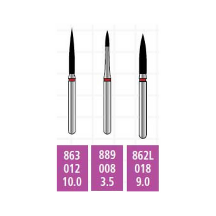 Alpen x1 Single-Use Diamond Burs, FG, Flame, # 863, 1.2 mm, Fine, Red, 25/Pk, X863F012