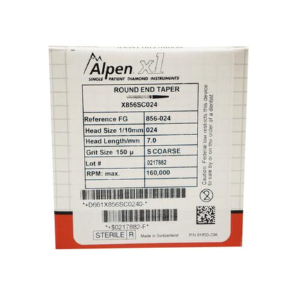 Alpen x1 Single-Use Diamond Burs, FG, Round End Taper, # 856, 2.4 mm, Super Coarse, Black, 25/Pk, X856SC024