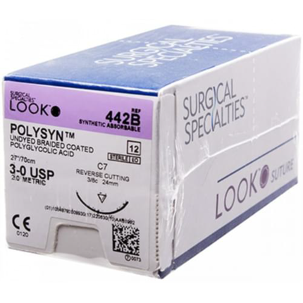 PolySyn Suture with C7 Needle, 24 mm 3/8 Circle, Undyed Braided, 27"/70 cm, # 3-0, 12/Pk, 442B