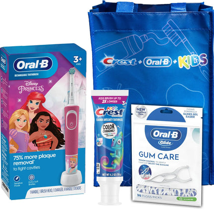 P&G - Oral-B Electric Toothbrush & Brush Head (Disney Princess Moana); Kid's Crest Advanced Color Changing Toothpaste, Bubble Gum (4.2 oz); Oral-B Glide Gum Care Floss Picks (30 ct); FREE Kids Bag. 3/cs (Old #s 80347216, 83529416)