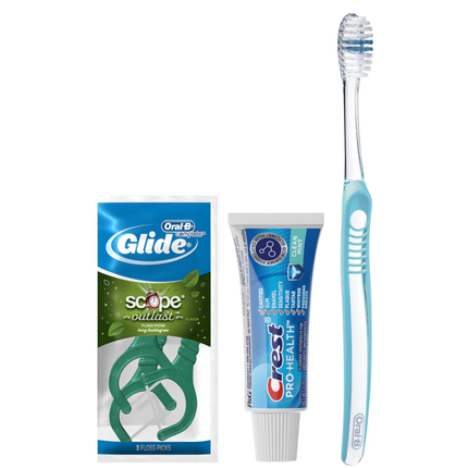 P&G - Contains: Oral-B Indicator Toothbrush (35 soft); Crest PRO-HEALTH Cavity Protection Toothpaste (.85 oz); Oral-B Glide Plus Scope Outlast Floss Picks (3-pack Sachet); FREE Patient Sample Bags, 144  Bundles/cs (Old #s 80725938, 83521980)