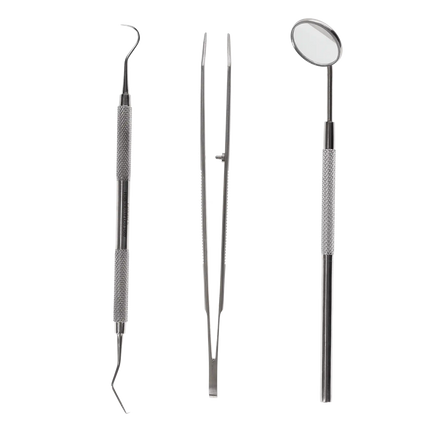 HSB - 3-Piece Examination Set. Includes 1 Oral Mirror No 5, 1 Probe Explorer #5, 1 Cotton Plier 317 College 6" Serrated