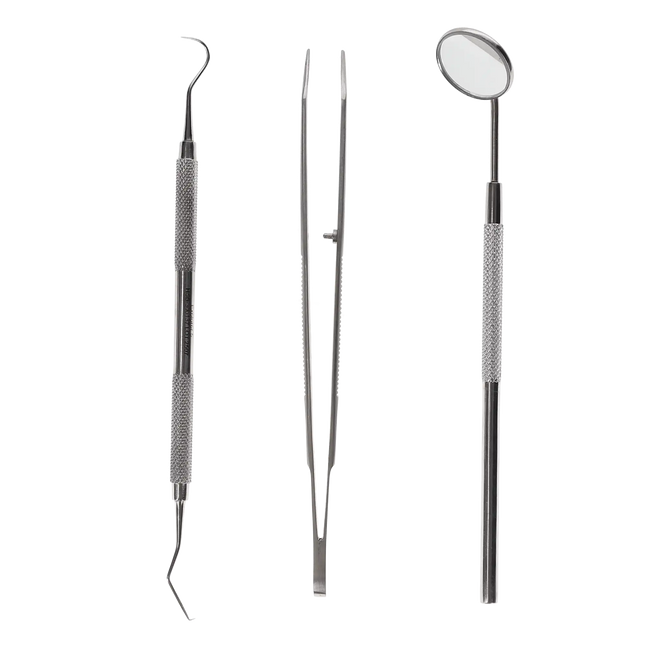 HSB - 3-Piece Examination Set. Includes 1 Oral Mirror No 5, 1 Probe Explorer #5, 1 Cotton Plier 317 College 6" Serrated