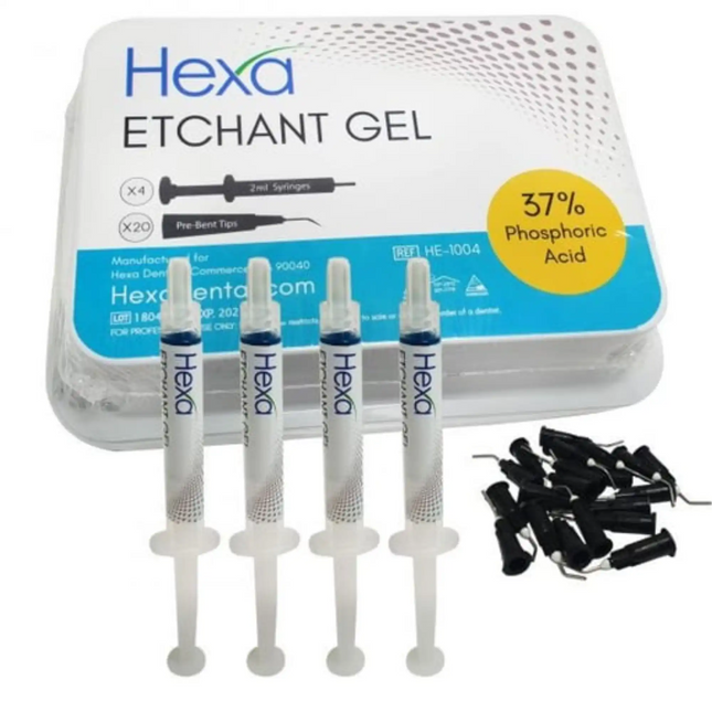 Hygedent - Hexa Etchant Gel 37% Phosphoric Acid Blue. 4 2 Ml syrs & 20 Pre Bent Tips