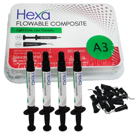 Hygedent - Hexa Flowable Composite A3 4 X 2 Gm syrs & 20 Bent Tips. Light Cure Low Viscosity