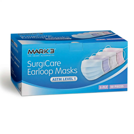 Mark3 - SurgiCare Blue Earloop Face Masks Level 1 3ply 50/bx.