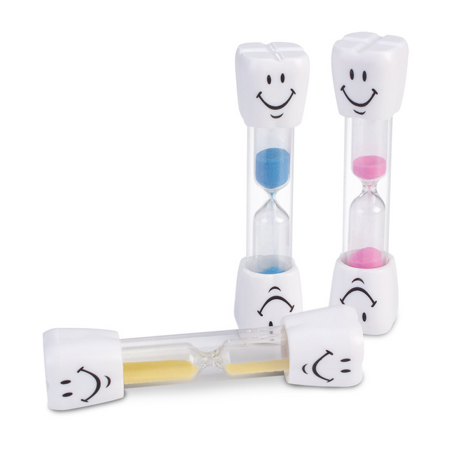 2-Minute Happy Molar Sand Timers 40/box With Assorted Sand Colors. 4" Tall. Are, 10-16733