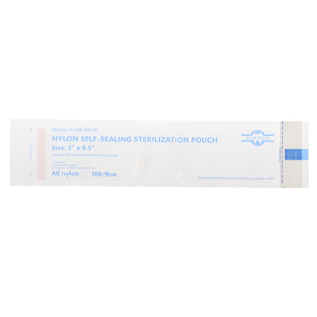HSB - 2" x 9.5" - NYLON Self-Sealing Sterilization Pouch, 100/Box. All nylon