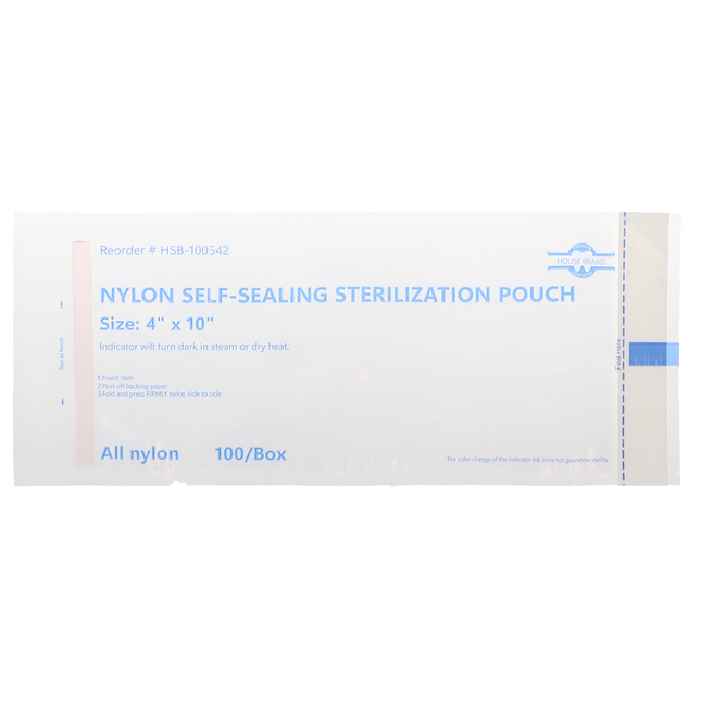 HSB - 4" x 10" - NYLON Self-Sealing Sterilization Pouch, 100/Box. All nylon