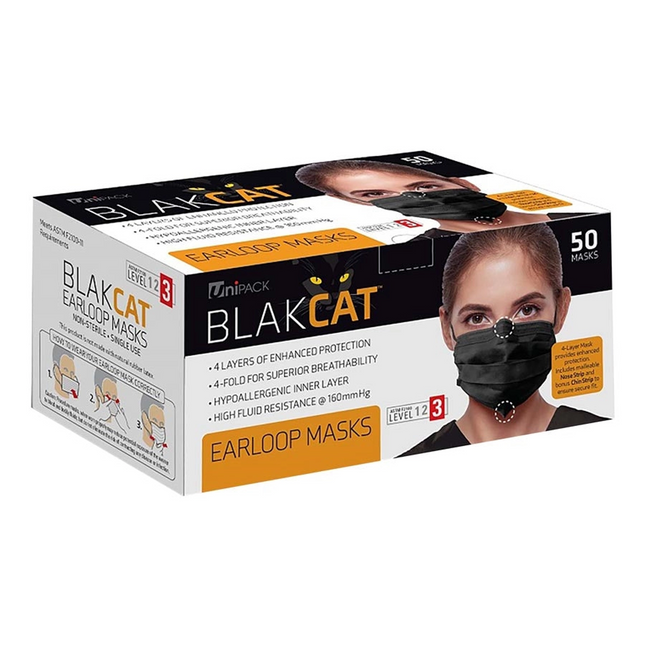 Dukal - BlakCat Face Mask, Earloop, 4-Layer, 4-Fold, ASTM Level 3, 50/bx,
