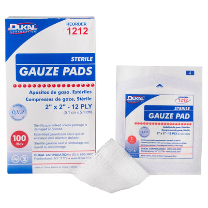 Dukal - Gauze Pad, 2" x 2", 12-Ply, Sterile, 100/bx,