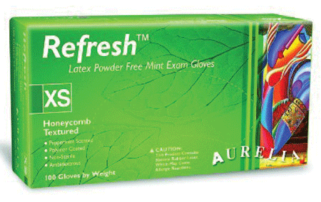 Aurelia Refresh Examination Latex Gloves, Honeycomb Textured, Powder-Free, Extra Large, Peppermint, 100/Box