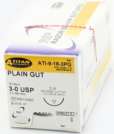 A. Titan Plain Gut Suture 18" C-93-0 1/2 Rev Cut 12/bx