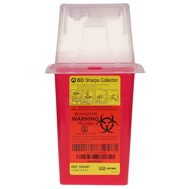 Phlebotomy Sharps Collectors, with Needle Port, 1.5 Qt Tray, Red, 1/Pk, 305487