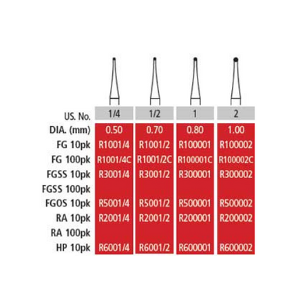 Alpen Operative Surgical Carbide Burs, FG, Round, # 2, 1.0 mm, 100/Pk, R100002C