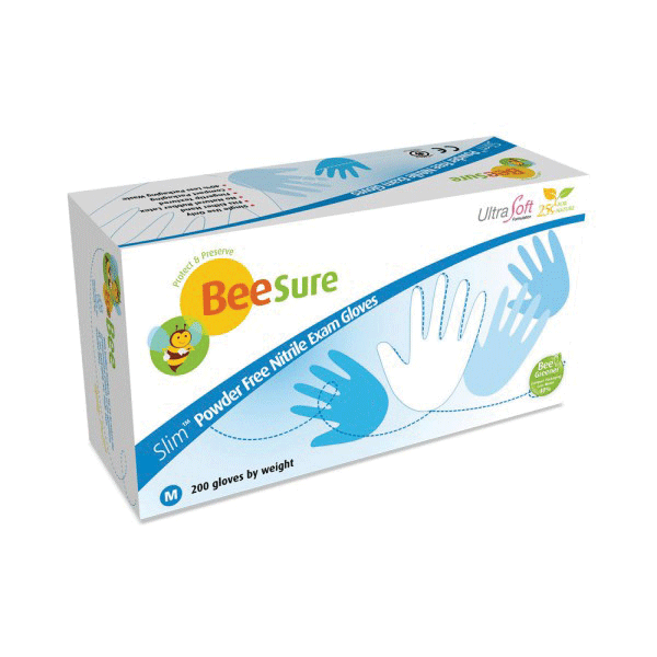 BeeSure Slim Nitrile Examination Gloves, Powder-Free, Small, Soft White, 200/Box, 1126