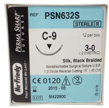 Perma Sharp Suture, Black Braided Silk, Non-Absorbable, C-9, 3-0, 18", 12/Pk, PSN632S