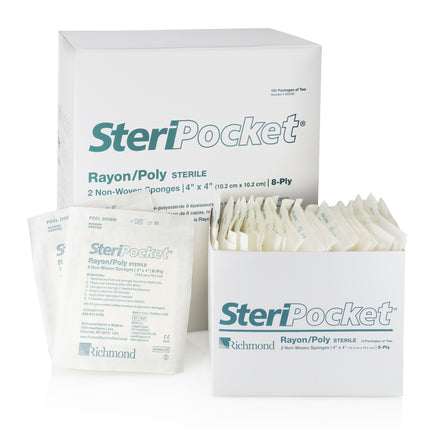 SteriPocket Rayon/Poly Non-Woven Sponges, Sterile, 8-Ply, 4" x 4", 100/Box x 2/Pk
