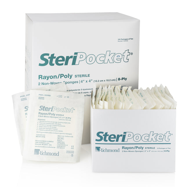 SteriPocket Rayon/Poly Non-Woven Sponges, Sterile, 8-Ply, 4" x 4", 100/Box x 2/Pk
