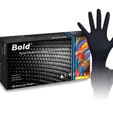 Aurelia Bold Nitrile Examination Gloves, Powder-Free, Large, Black, 100/Box, 73998