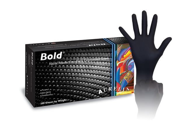 Aurelia Bold Nitrile Examination Gloves, Powder-Free, Large, Black, 100/Box, 73998