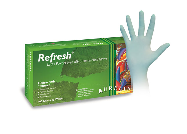 Aurelia Refresh Examination Latex Gloves, Honeycomb Textured, Powder-Free, Extra Small, Peppermint, 100/Box  #99225
