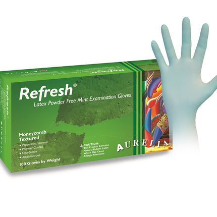 Aurelia Refresh Examination Latex Gloves, Honeycomb Textured, Powder-Free, Extra Large, Peppermint, 100/Box